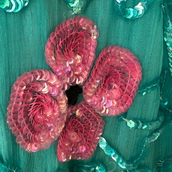 Turquoise Pink 100% Silk Floral Sequin Short Jacket | Hand Embroidered | Small - Picture 6 of 16